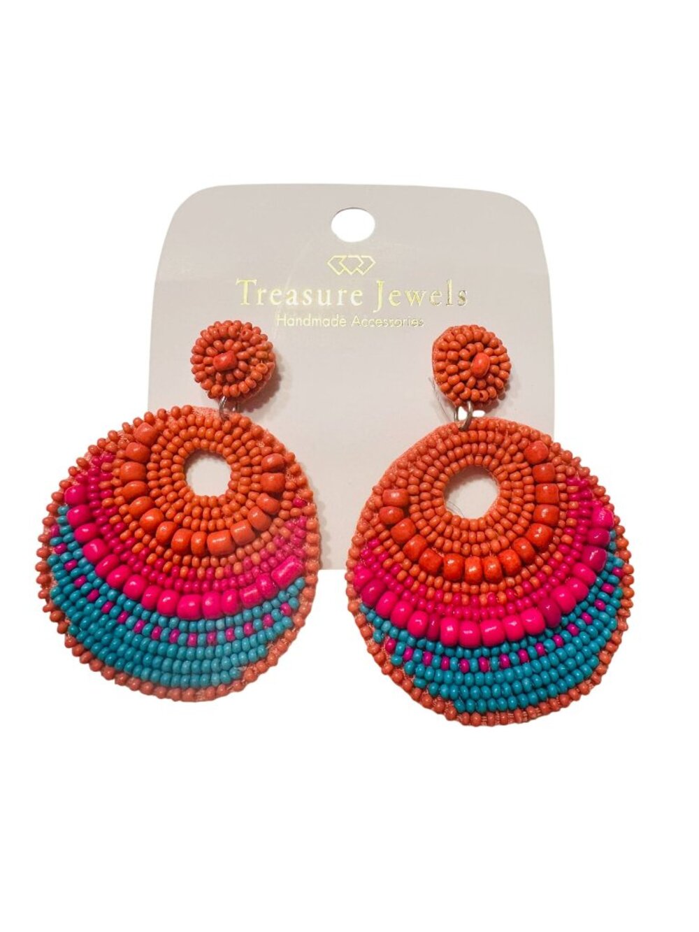 Beaded Handmade Statement Earrings With Bright Orange Pink & Turquoise